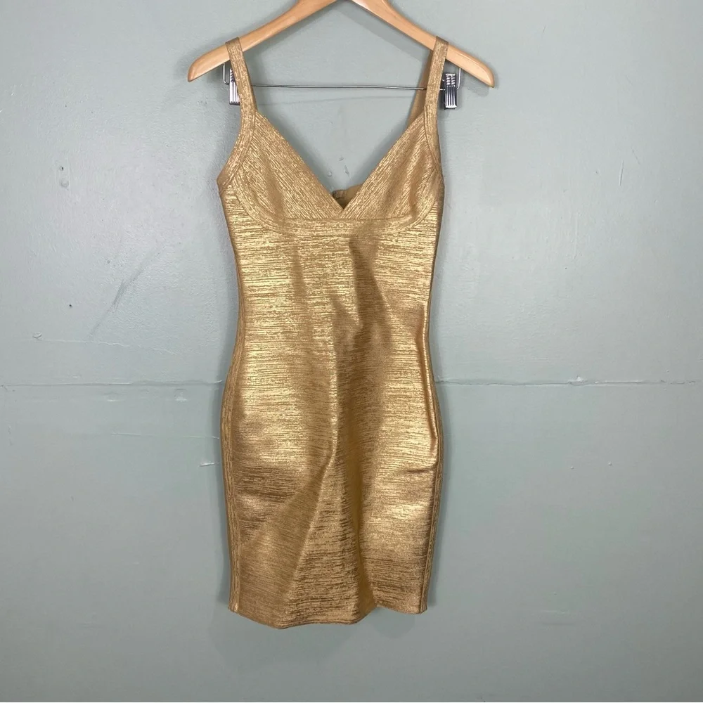 House Of CB Ornela Bodycon Mini Dress Sexy Gold Sz Small - Picture 3 of 8